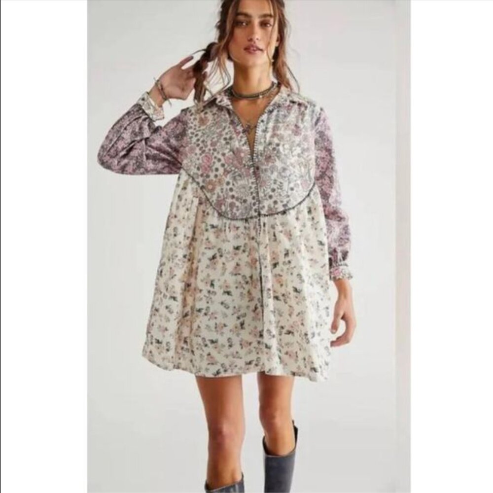 Free People My Time Babydoll Mixed Floral Print Daisy Shirt Dress Tunic Boho